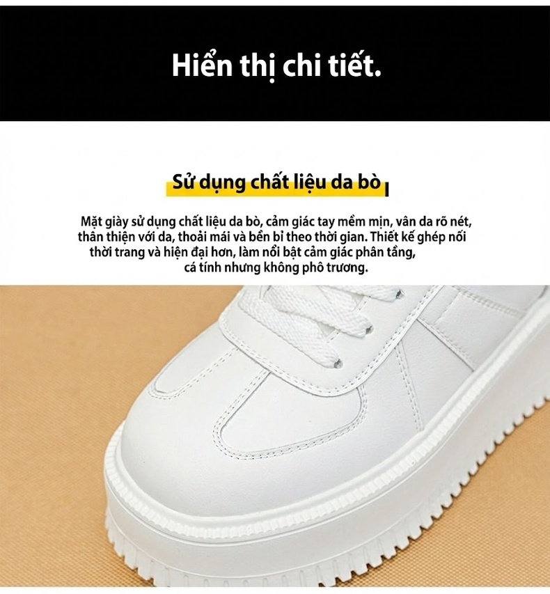 Giày Sneaker Nữ Đế Bánh Mì Cao Cấp Chiều Cao Đế Khoảng 5cm Màu Trắng chi tiết 10