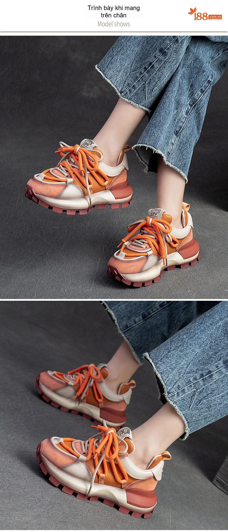 Giày Sneaker Nữ Đế Bánh Mì Chiều Cao Đế Khoảng 5cm Phối Màu Da Bóng Màu Kem, Cam, Nâu chi tiết 5
