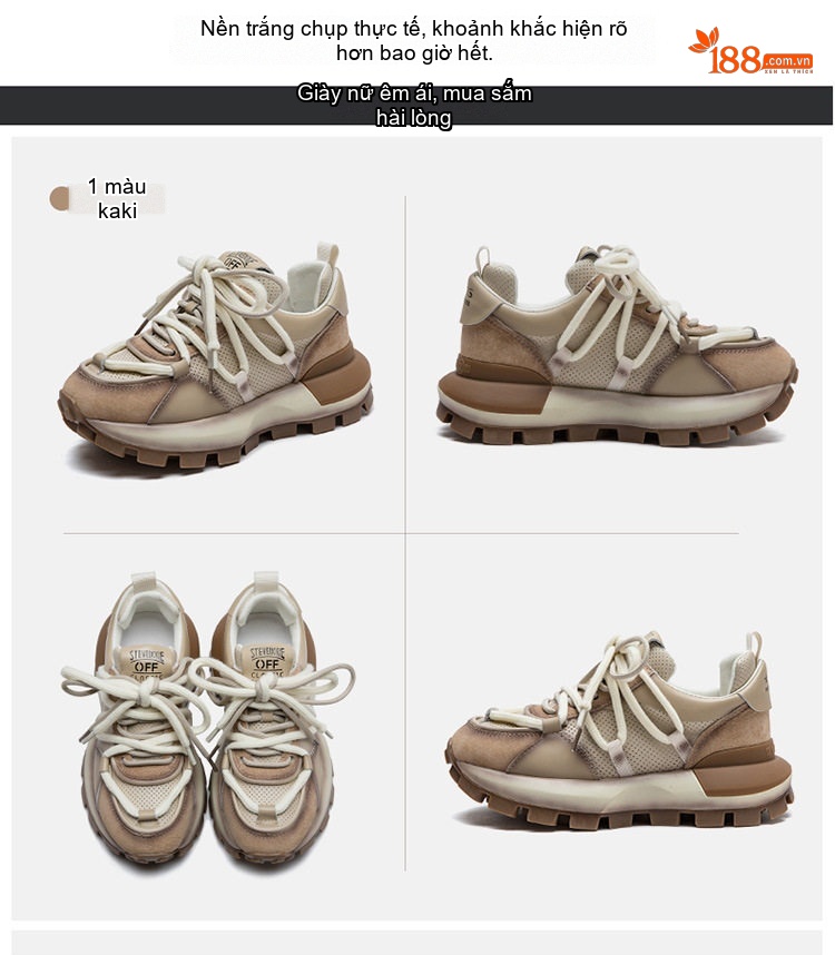 Giày Sneaker Nữ Đế Bánh Mì Chiều Cao Đế Khoảng 5cm Phối Màu Da Bóng Màu Kem, Cam, Nâu chi tiết 12