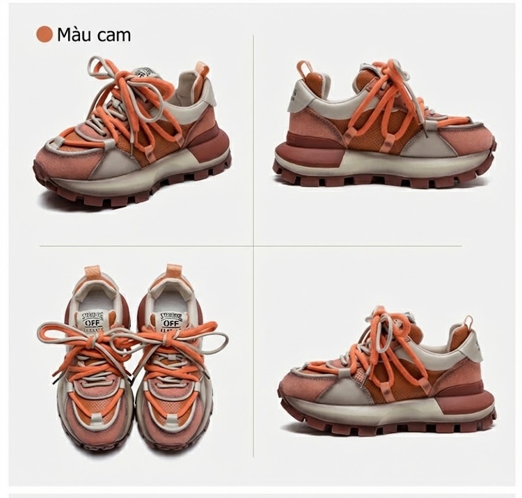 Giày Sneaker Nữ Đế Bánh Mì Chiều Cao Đế Khoảng 5cm Phối Màu Da Bóng Màu Kem, Cam, Nâu chi tiết 13