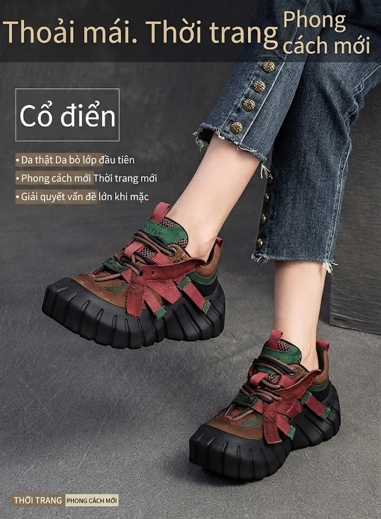 Giày Sneaker Nữ Đế Bánh Mì Da Mờ Chiều Cao Đế Khoảng 6cm Màu Nâu, Đỏ, Xanh Lá, Đen chi tiết 1