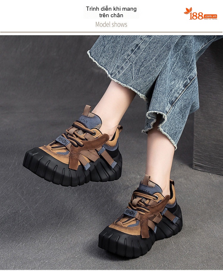 Giày Sneaker Nữ Đế Bánh Mì Da Mờ Chiều Cao Đế Khoảng 6cm Màu Nâu, Đỏ, Xanh Lá, Đen chi tiết 7