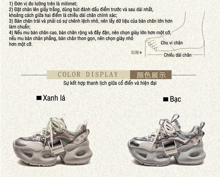 Giày Sneaker Nữ Đế Bánh Mì Dây Buộc Chiều Cao Đế Khoảng 5cm Màu Bạc, Xanh chi tiết 2