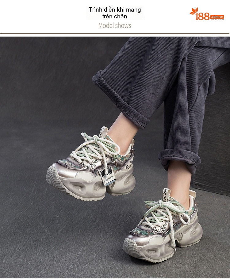 Giày Sneaker Nữ Đế Bánh Mì Dây Buộc Chiều Cao Đế Khoảng 5cm Màu Bạc, Xanh chi tiết 7