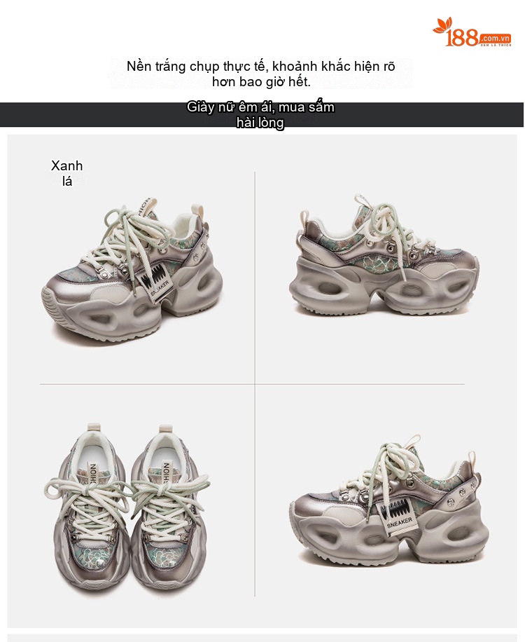 Giày Sneaker Nữ Đế Bánh Mì Dây Buộc Chiều Cao Đế Khoảng 5cm Màu Bạc, Xanh chi tiết 16