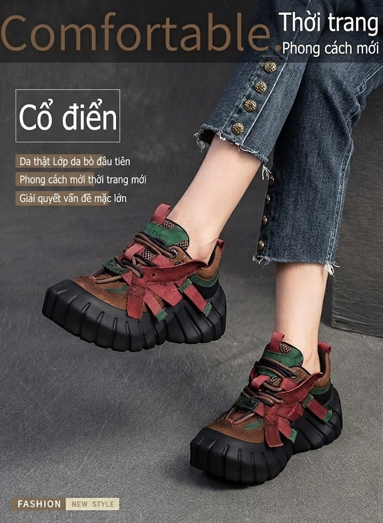 Giày Sneaker Nữ Đế Bánh Mì Phối Màu Chiều Cao Đế Khoảng 5cm Màu Nâu, Đỏ, Xanh Lá, Xám chi tiết 2