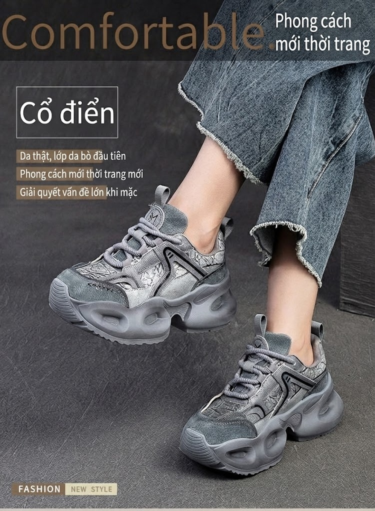 Giày Sneaker Nữ Đế Bánh Mì Phối Màu Phong Cách Retro Chiều Cao Đế Khoảng 5cm Màu Xám, Tím chi tiết 1