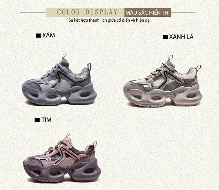 Giày Sneaker Nữ Đế Bánh Mì Phối Màu Phong Cách Retro Chiều Cao Đế Khoảng 5cm Màu Xám, Tím chi tiết 2