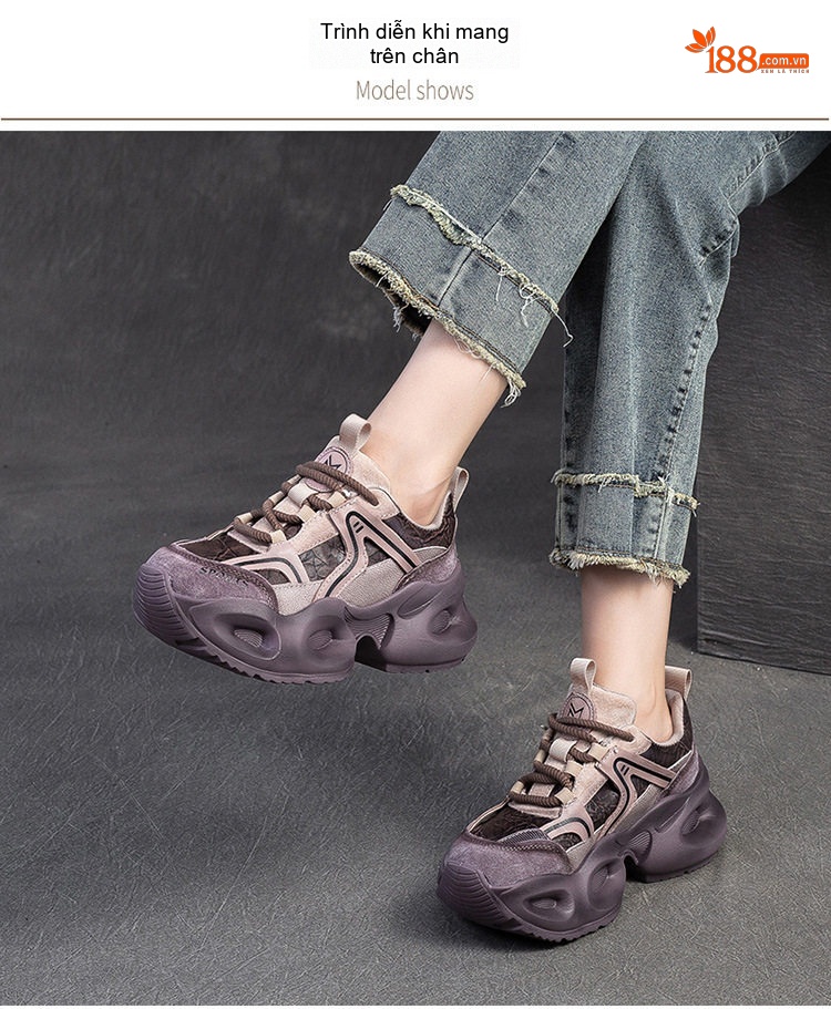Giày Sneaker Nữ Đế Bánh Mì Phối Màu Phong Cách Retro Chiều Cao Đế Khoảng 5cm Màu Xám, Tím chi tiết 7