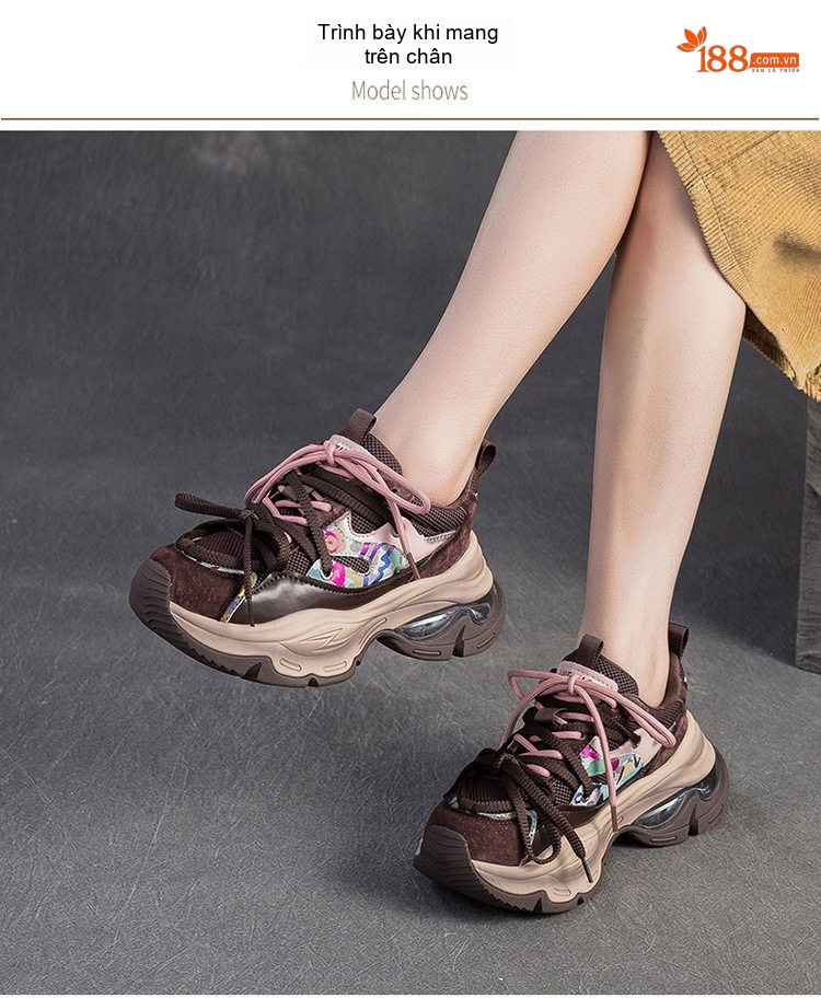 Giày Sneaker Nữ Đế Bánh Mì Phong Cách Anh Quốc Chiều Cao Đế Khoảng 5cm Màu Đỏ Rượu Vang, Xám, Nâu chi tiết 7