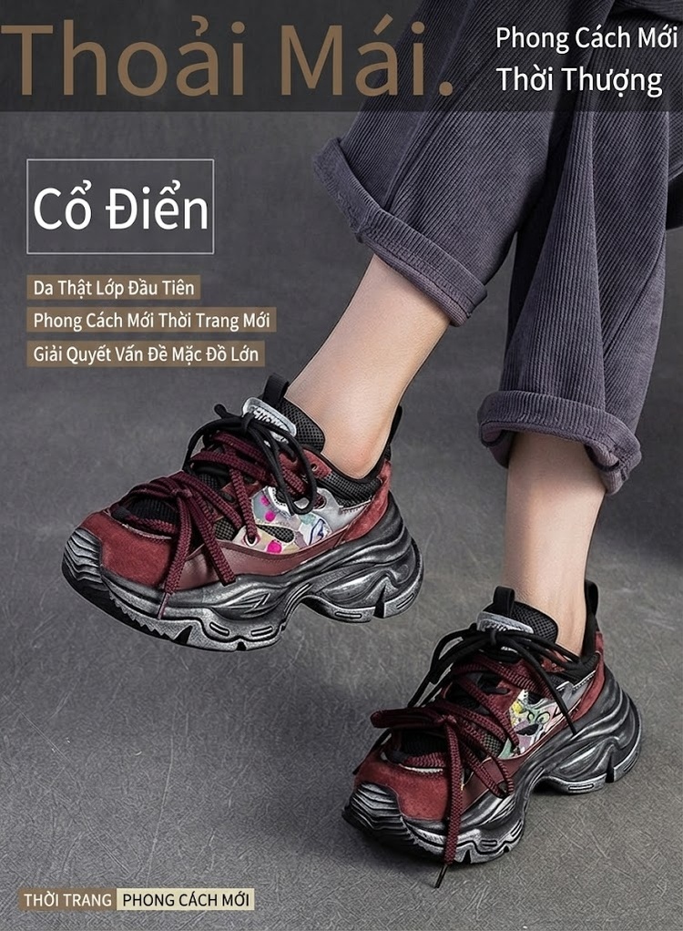 Giày Sneaker Nữ Đế Bánh Mì Phong Cách Anh Quốc Chiều Cao Đế Khoảng 5cm Màu Đỏ Rượu Vang, Xám, Nâu chi tiết 2