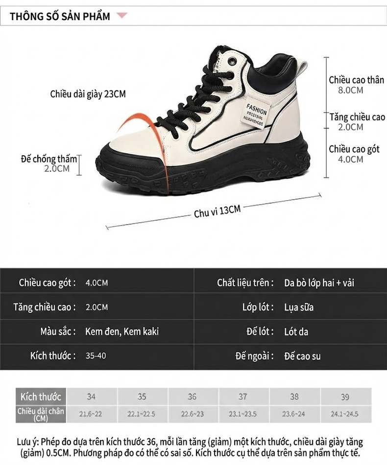 Giày Sneaker Nữ Đế Bệt Dáng Boot Chiều Cao Đế Khoảng 5cm Màu Trắng, Nâu, Đen chi tiết 3