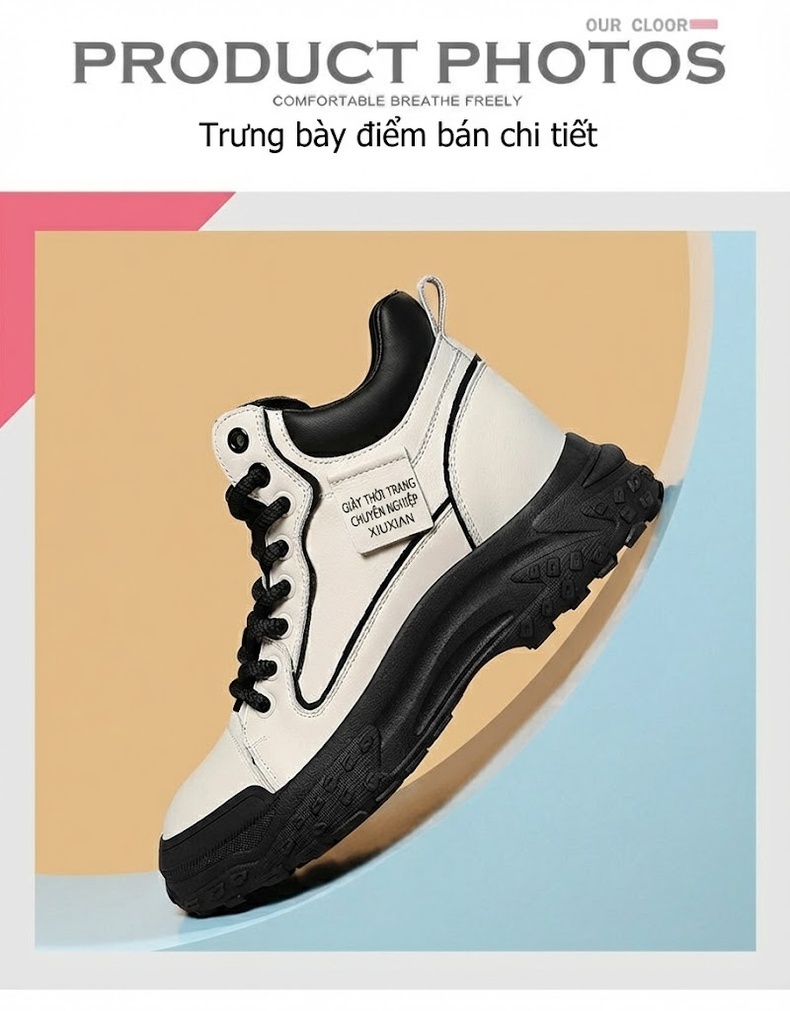 Giày Sneaker Nữ Đế Bệt Dáng Boot Chiều Cao Đế Khoảng 5cm Màu Trắng, Nâu, Đen chi tiết 4