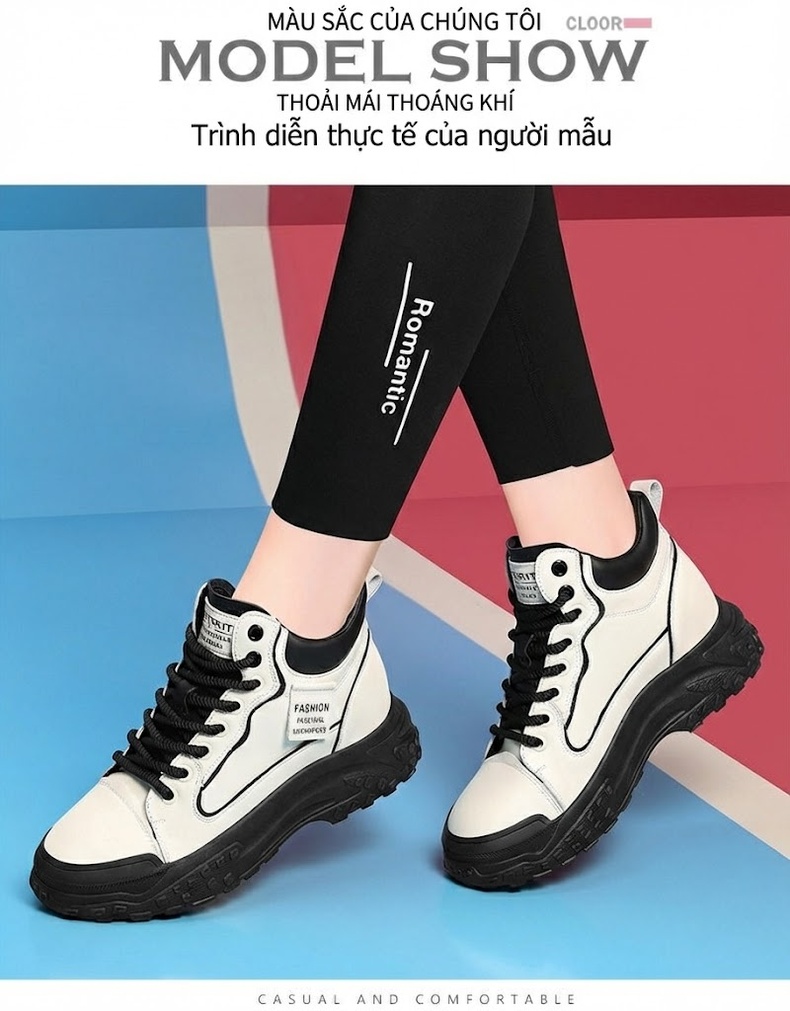 Giày Sneaker Nữ Đế Bệt Dáng Boot Chiều Cao Đế Khoảng 5cm Màu Trắng, Nâu, Đen chi tiết 5
