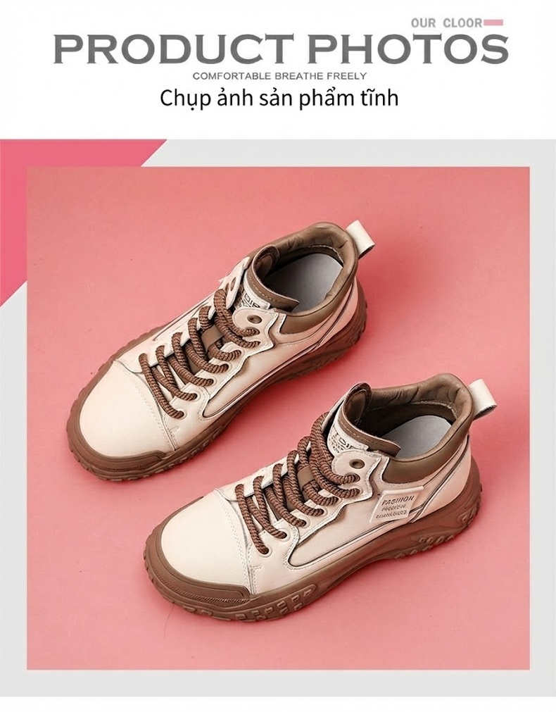 Giày Sneaker Nữ Đế Bệt Dáng Boot Chiều Cao Đế Khoảng 5cm Màu Trắng, Nâu, Đen chi tiết 9