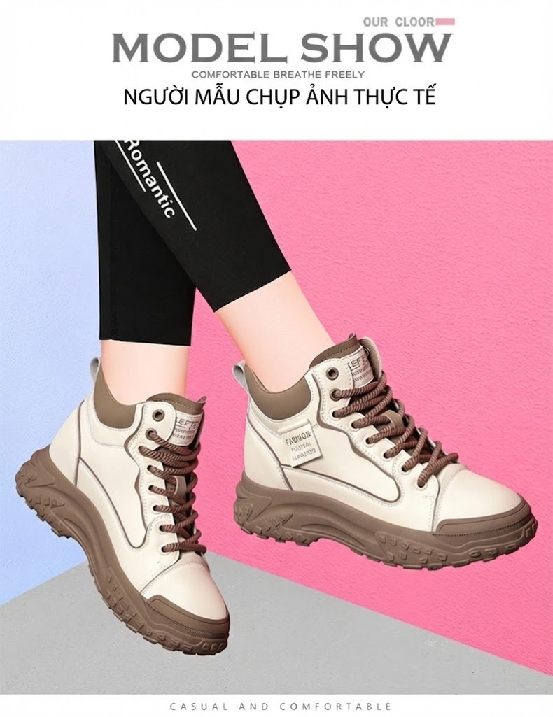 Giày Sneaker Nữ Đế Bệt Dáng Boot Chiều Cao Đế Khoảng 5cm Màu Trắng, Nâu, Đen chi tiết 10