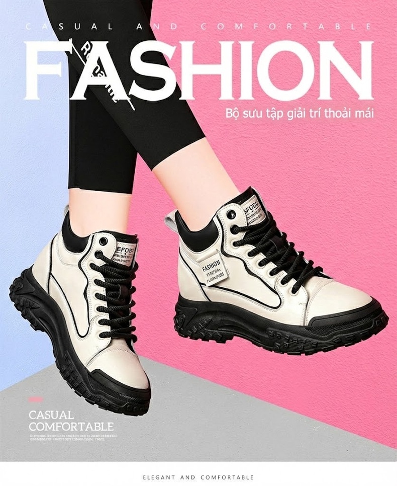 Giày Sneaker Nữ Đế Bệt Dáng Boot Chiều Cao Đế Khoảng 5cm Màu Trắng, Nâu, Đen chi tiết 1