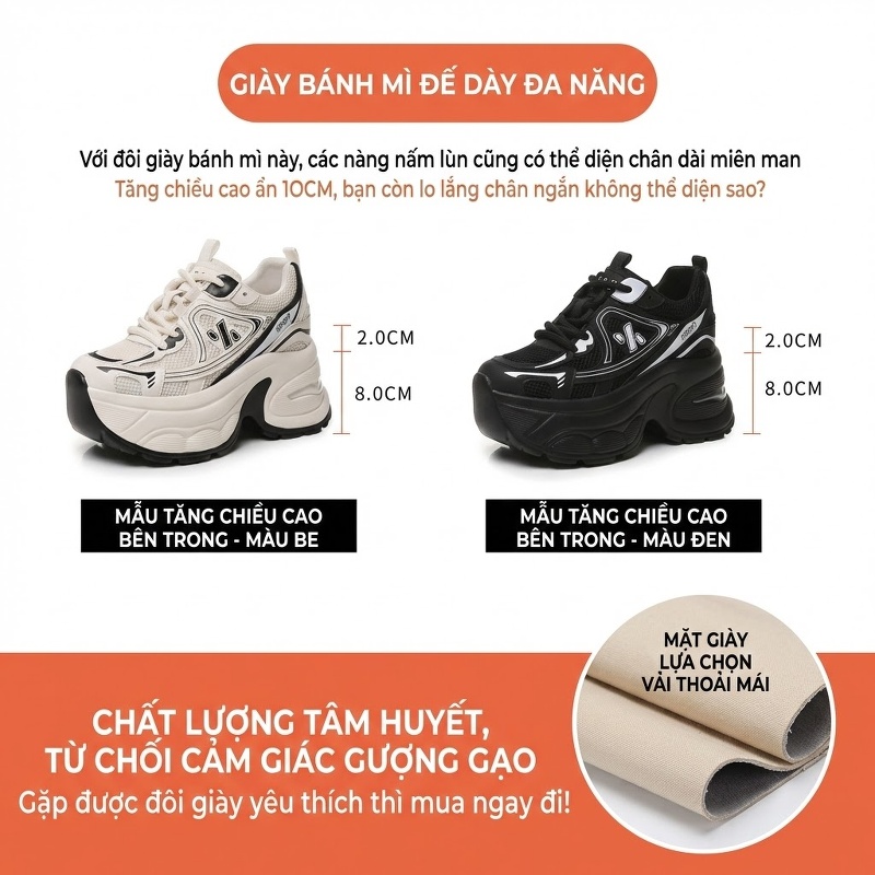 Giày Sneaker Nữ Đế Cao 10cm Phong Cách Ulzzang Màu Trắng, Đen