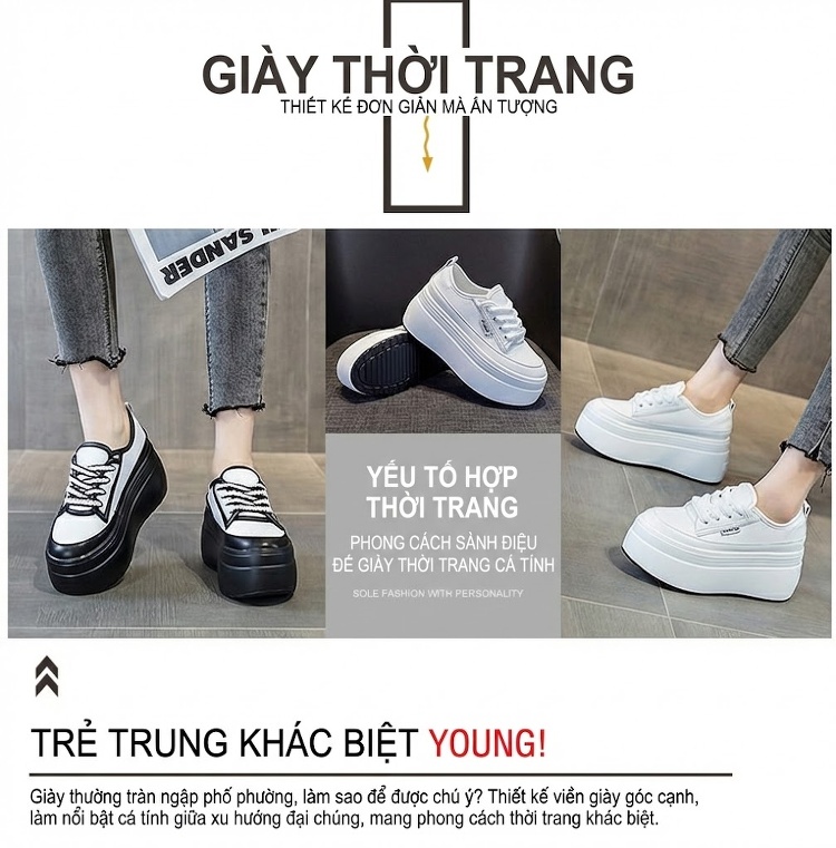 Giày Sneaker Nữ Đế Cao 8cm Phong Cách Hàn Quốc Màu Trắng, Đen chi tiết 3