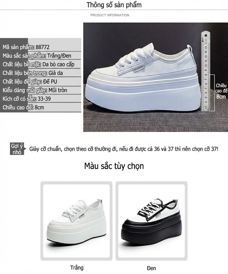 Giày Sneaker Nữ Đế Cao 8cm Phong Cách Hàn Quốc Màu Trắng, Đen chi tiết 6