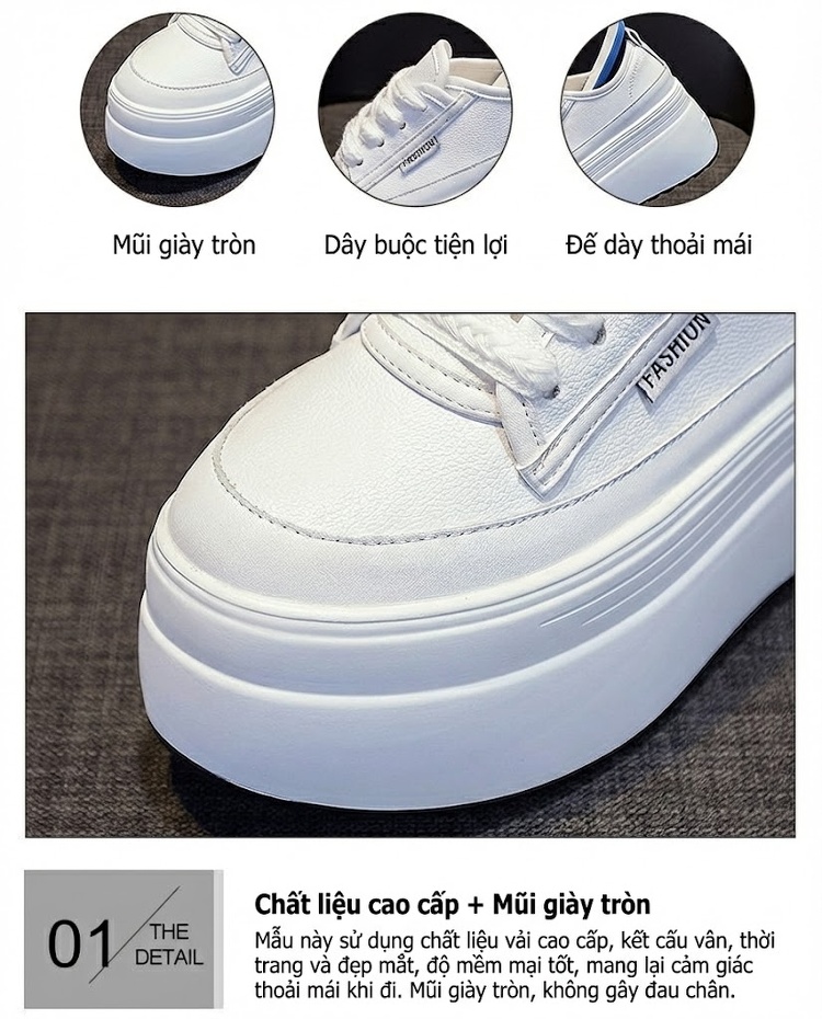 Giày Sneaker Nữ Đế Cao 8cm Phong Cách Hàn Quốc Màu Trắng, Đen chi tiết 8