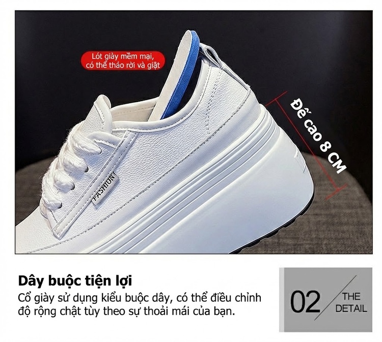 Giày Sneaker Nữ Đế Cao 8cm Phong Cách Hàn Quốc Màu Trắng, Đen chi tiết 9