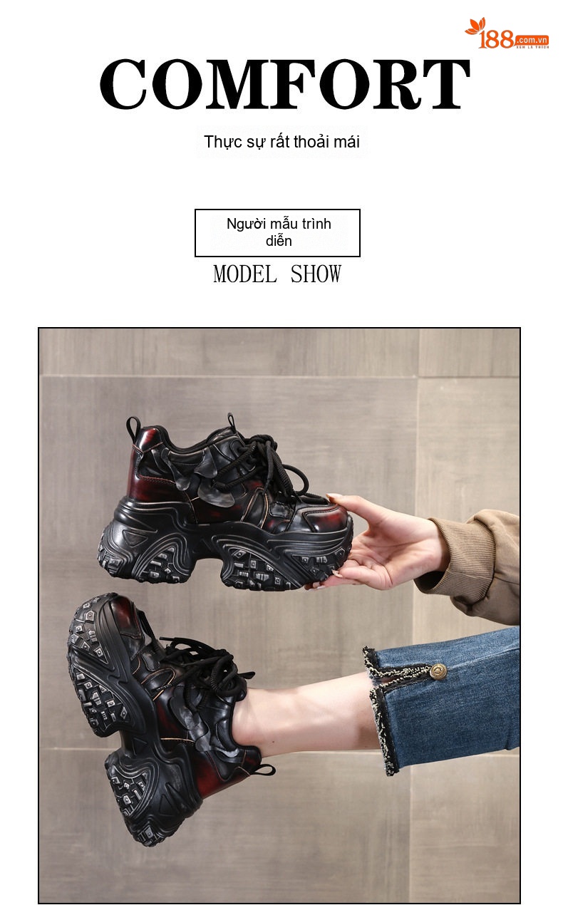 Giày Sneaker Nữ Đế Cao 8cm Phong Cách Retro Màu Đen, Đỏ chi tiết 12