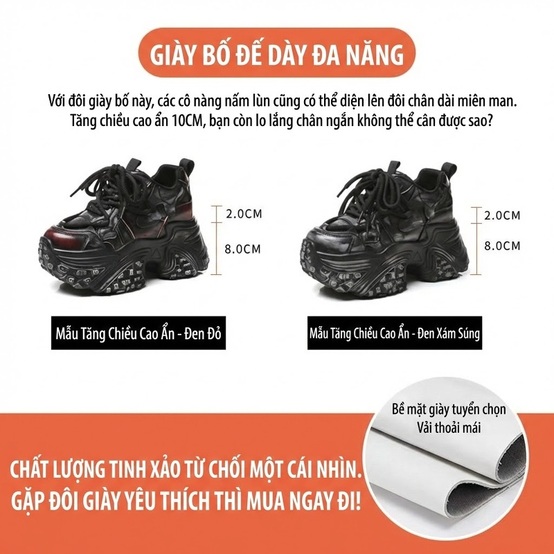 Giày Sneaker Nữ Đế Cao 8cm Phong Cách Retro Màu Đen, Đỏ