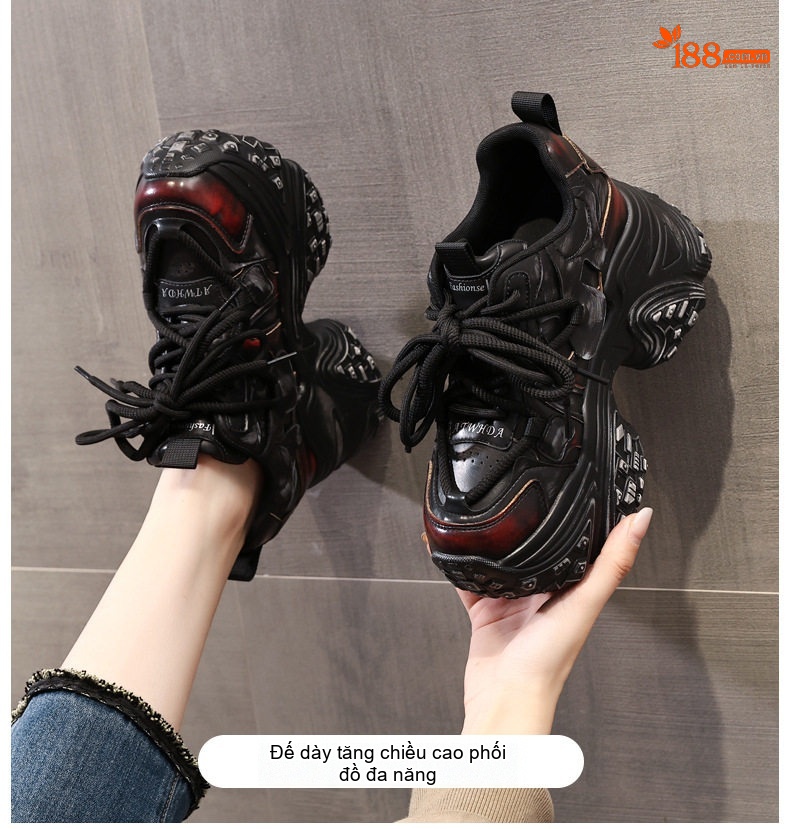 Giày Sneaker Nữ Đế Cao 8cm Phong Cách Retro Màu Đen, Đỏ chi tiết 1