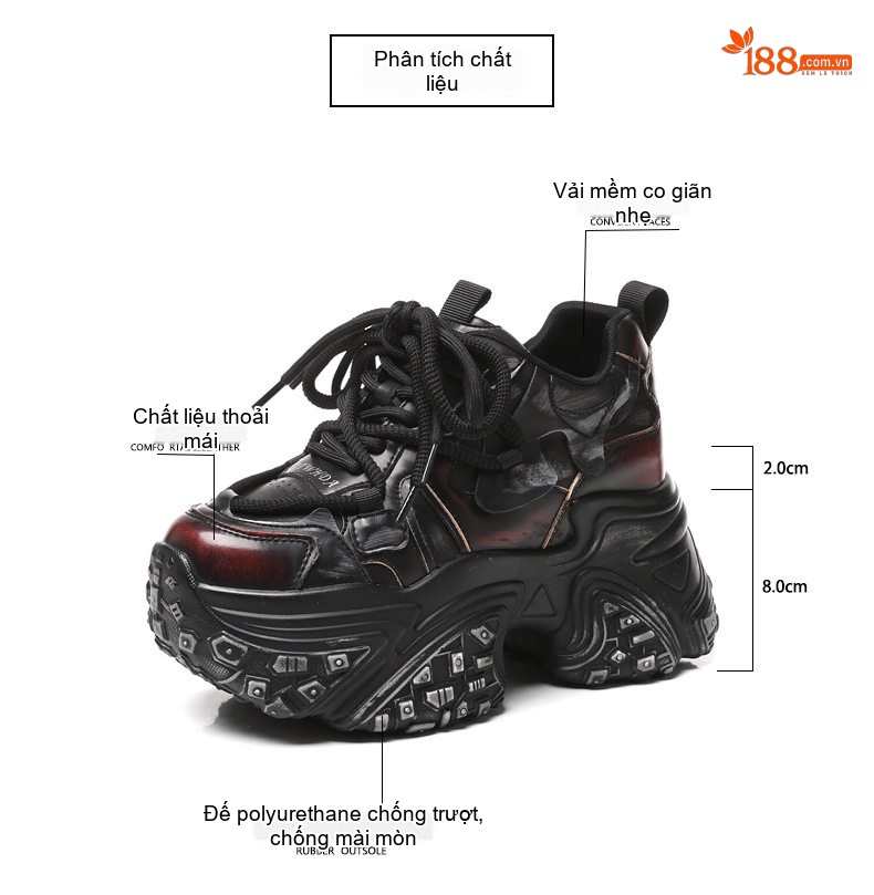 Giày Sneaker Nữ Đế Cao 8cm Phong Cách Retro Màu Đen, Đỏ chi tiết 3