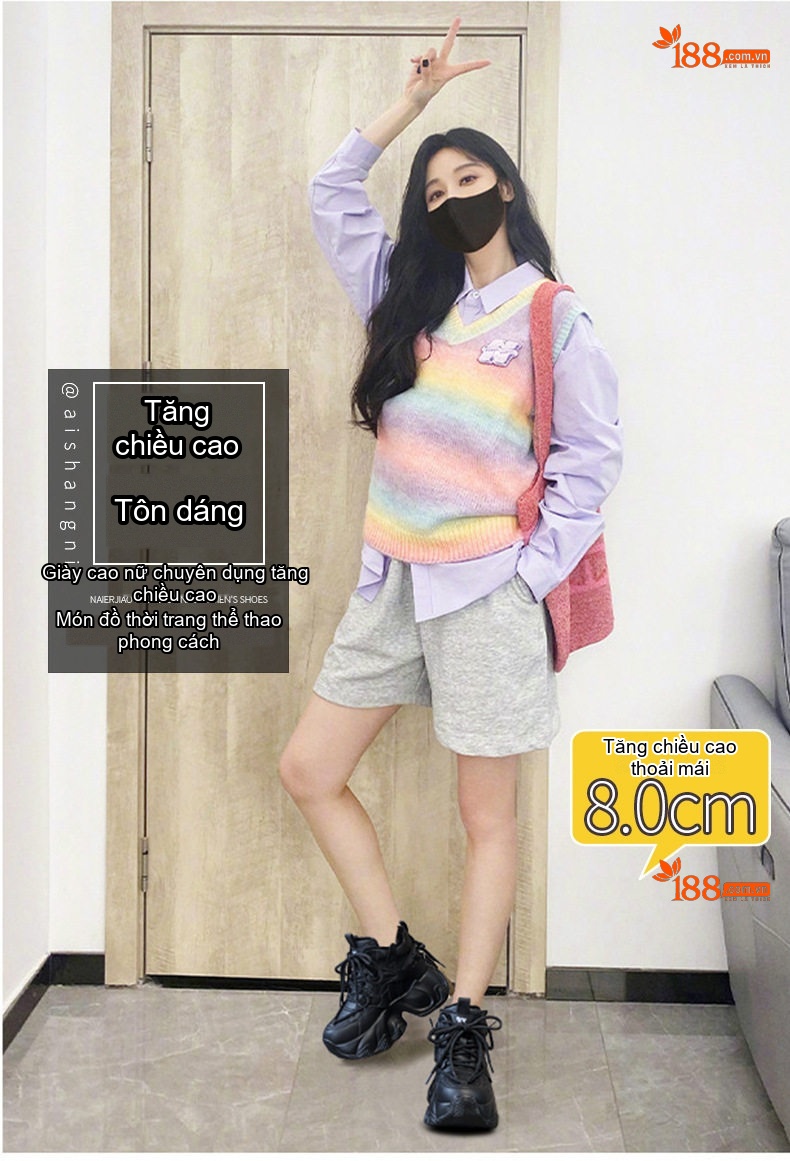 Giày Sneaker Nữ Đế Cao 8cm Phong Cách Ulzzang Năng Động Màu Trắng, Đen chi tiết 18