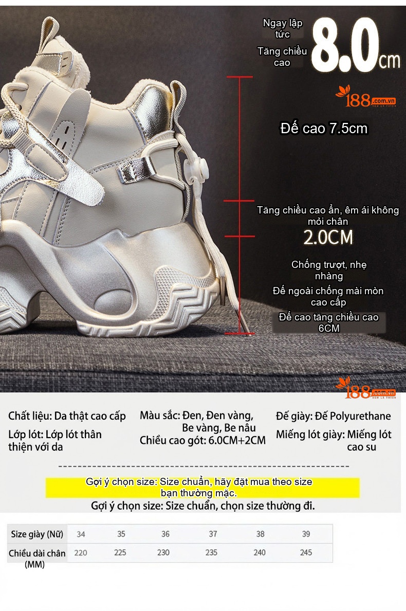 Giày Sneaker Nữ Đế Cao 8cm Phong Cách Ulzzang Năng Động Màu Trắng, Đen chi tiết 22