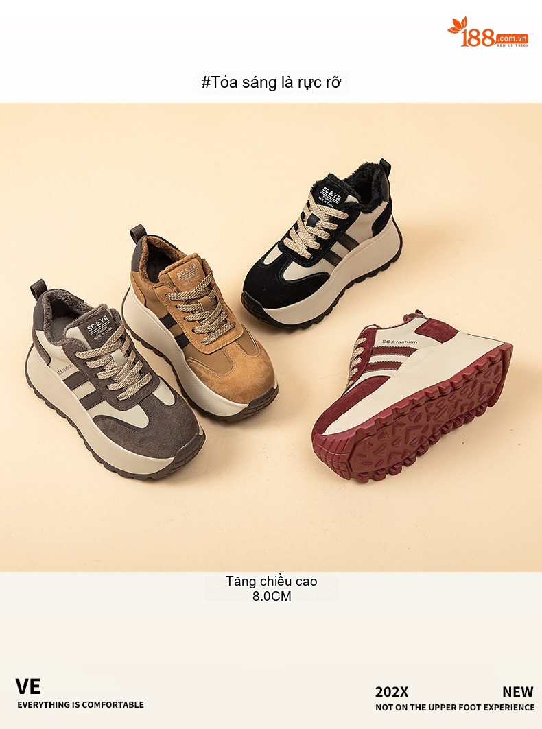 Giày Sneaker Nữ Đế Cao 8cm Tăng Chiều Cao Phong Cách Ulzzang Màu Đỏ, Đen, Nâu, Vàng... chi tiết 2