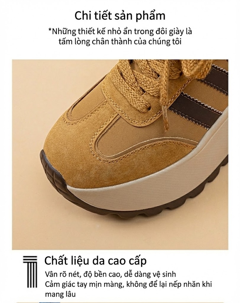 Giày Sneaker Nữ Đế Cao 8cm Tăng Chiều Cao Phong Cách Ulzzang Màu Đỏ, Đen, Nâu, Vàng... chi tiết 7