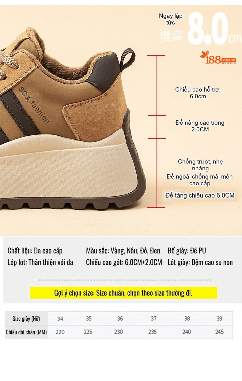 Giày Sneaker Nữ Đế Cao 8cm Tăng Chiều Cao Phong Cách Ulzzang Màu Đỏ, Đen, Nâu, Vàng... chi tiết 5