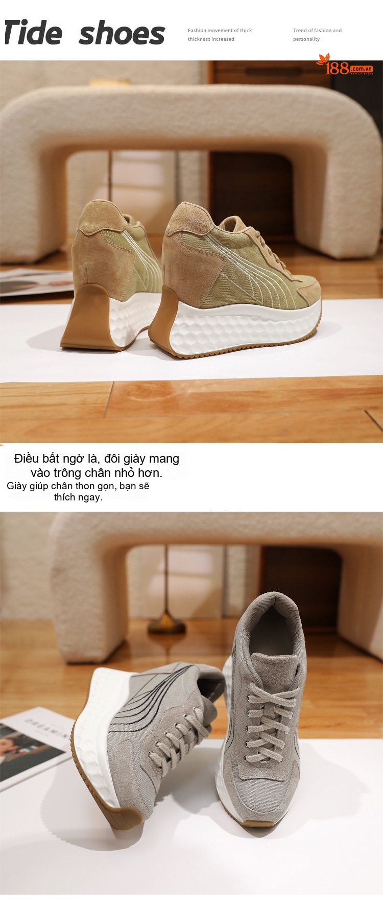 Giày Sneaker Nữ Đế Cao Chiều Cao Đế Khoảng 12cm Kiểu Dáng Thể Thao Buộc Dây Màu Xám, Đen, Vàng Be chi tiết 2