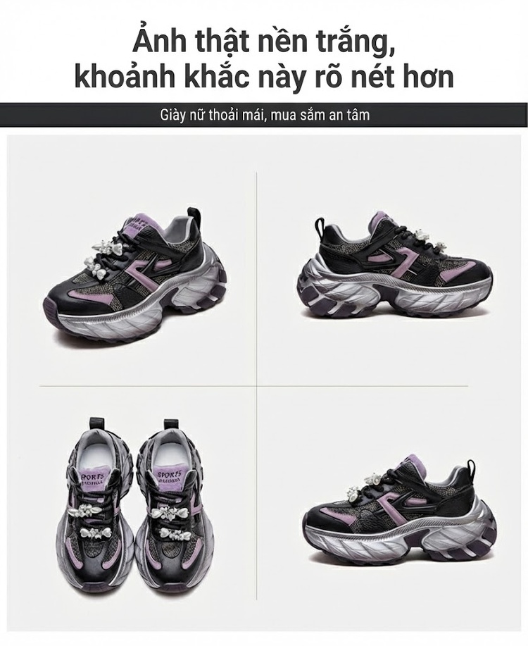 Giày Sneaker Nữ Đế Cao Khoảng 5cm Phối Màu Đính Đá Phong Cách Thời Trang Màu Bạc, Đen, Tím chi tiết 16