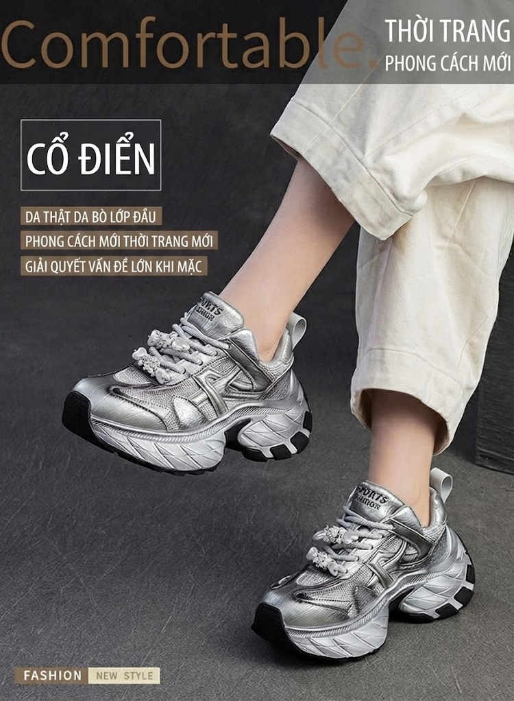 Giày Sneaker Nữ Đế Cao Khoảng 5cm Phối Màu Đính Đá Phong Cách Thời Trang Màu Bạc, Đen, Tím chi tiết 1