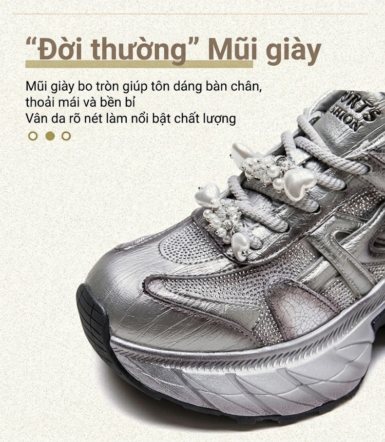 Giày Sneaker Nữ Đế Cao Khoảng 5cm Phối Màu Đính Đá Phong Cách Thời Trang Màu Bạc, Đen, Tím chi tiết 4