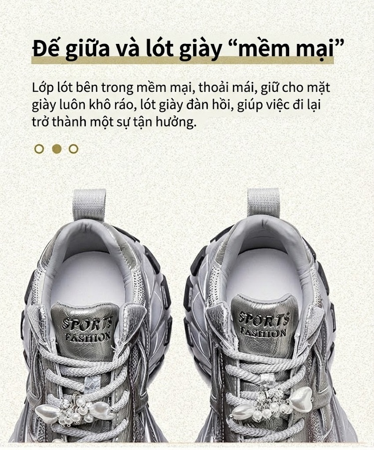 Giày Sneaker Nữ Đế Cao Khoảng 5cm Phối Màu Đính Đá Phong Cách Thời Trang Màu Bạc, Đen, Tím chi tiết 6