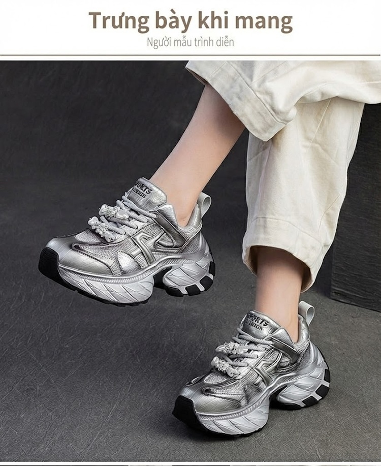 Giày Sneaker Nữ Đế Cao Khoảng 5cm Phối Màu Đính Đá Phong Cách Thời Trang Màu Bạc, Đen, Tím chi tiết 7
