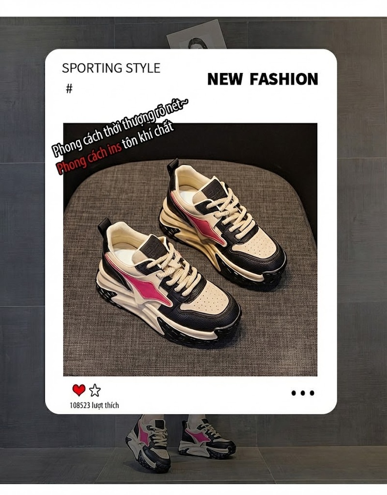 Giày Sneaker Nữ Đế Cao Khoảng 5cm Phong Cách Hàn Quốc Màu Đen, Trắng, Be, Hồng chi tiết 3