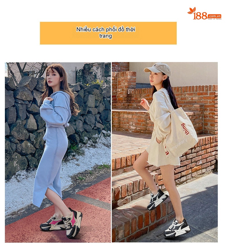 Giày Sneaker Nữ Đế Cao Khoảng 5cm Phong Cách Hàn Quốc Màu Đen, Trắng, Be, Hồng chi tiết 6