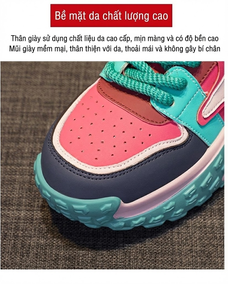 Giày Sneaker Nữ Đế Cao Khoảng 5cm Phong Cách Hàn Quốc Màu Đen, Trắng, Be, Hồng chi tiết 14