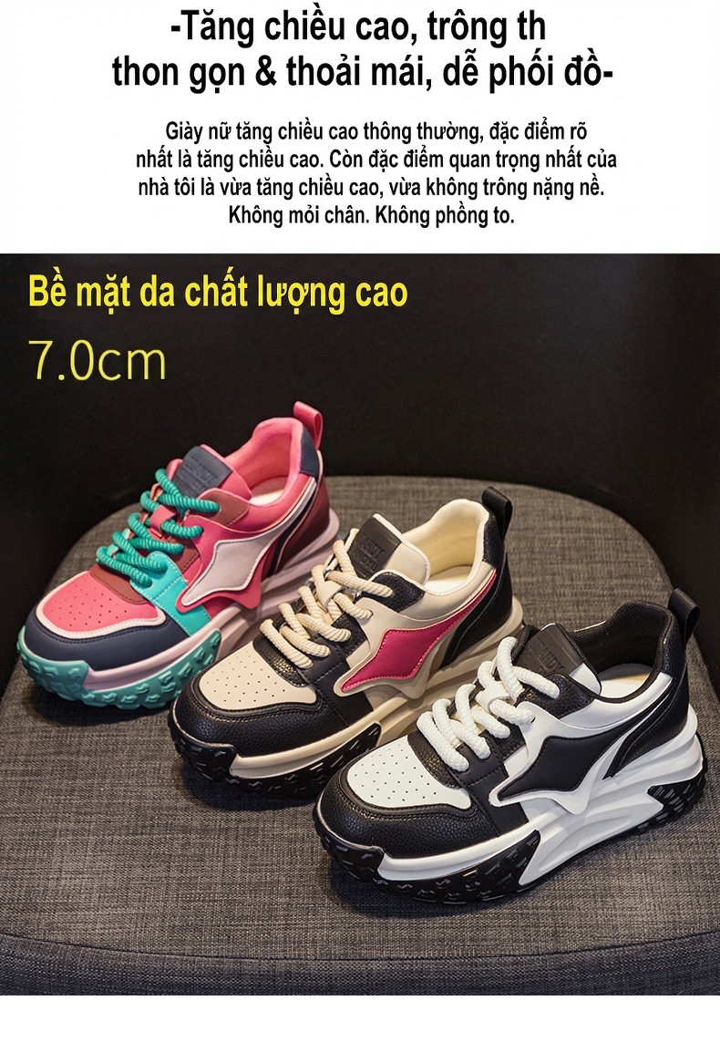 Giày Sneaker Nữ Đế Cao Khoảng 5cm Phong Cách Hàn Quốc Màu Đen, Trắng, Be, Hồng chi tiết 2