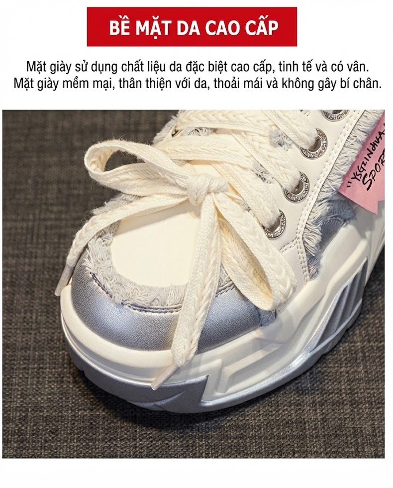 Giày Sneaker Nữ Đế Cao Khoảng 5cm Phong Cách Hàn Quốc Màu Trắng, Đen, Xám, Xanh Navy... chi tiết 9