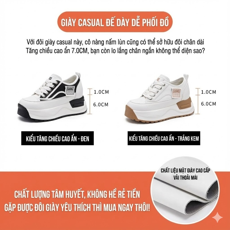 Giày Sneaker Nữ Đế Cao Khoảng 6cm Phong Cách Hàn Quốc Màu Trắng, Đen