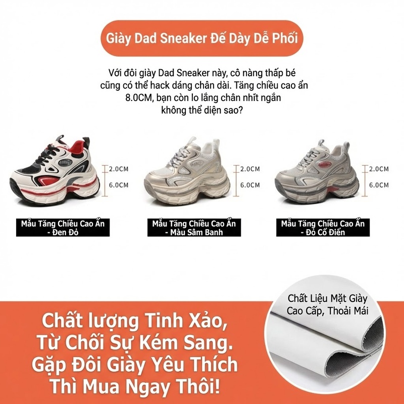 Giày Sneaker Nữ Đế Cao Khoảng 6cm Phong Cách Ulzzang Màu Trắng, Đen, Đỏ