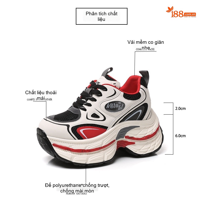 Giày Sneaker Nữ Đế Cao Khoảng 6cm Phong Cách Ulzzang Màu Trắng, Đen, Đỏ chi tiết 3