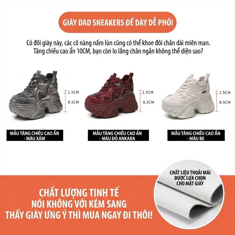 Giày Sneaker Nữ Đế Cao Khoảng 8.5cm Phong Cách Ulzzang Màu Đỏ, Xám, Trắng